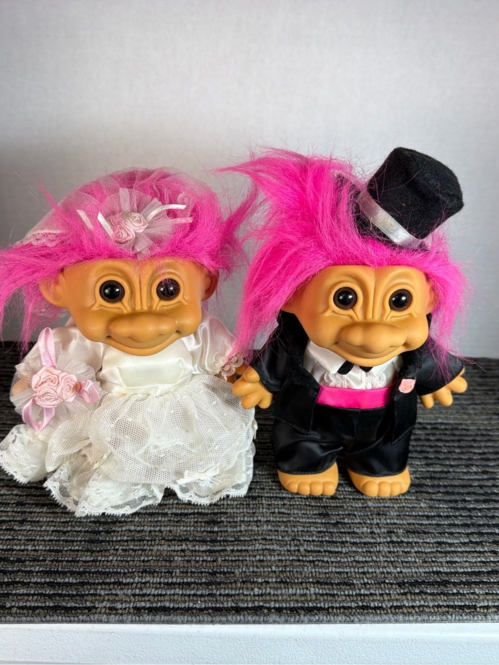 Vintage Troll (Russ) Doll Bride and Groom Set with Bright Pink Hair